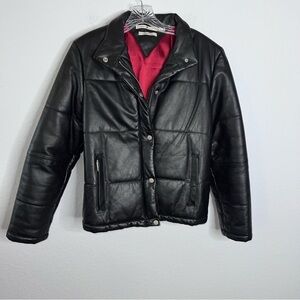 Tommy Hilfiger Leather Jacket Women Medium Puffer Vintage Black
